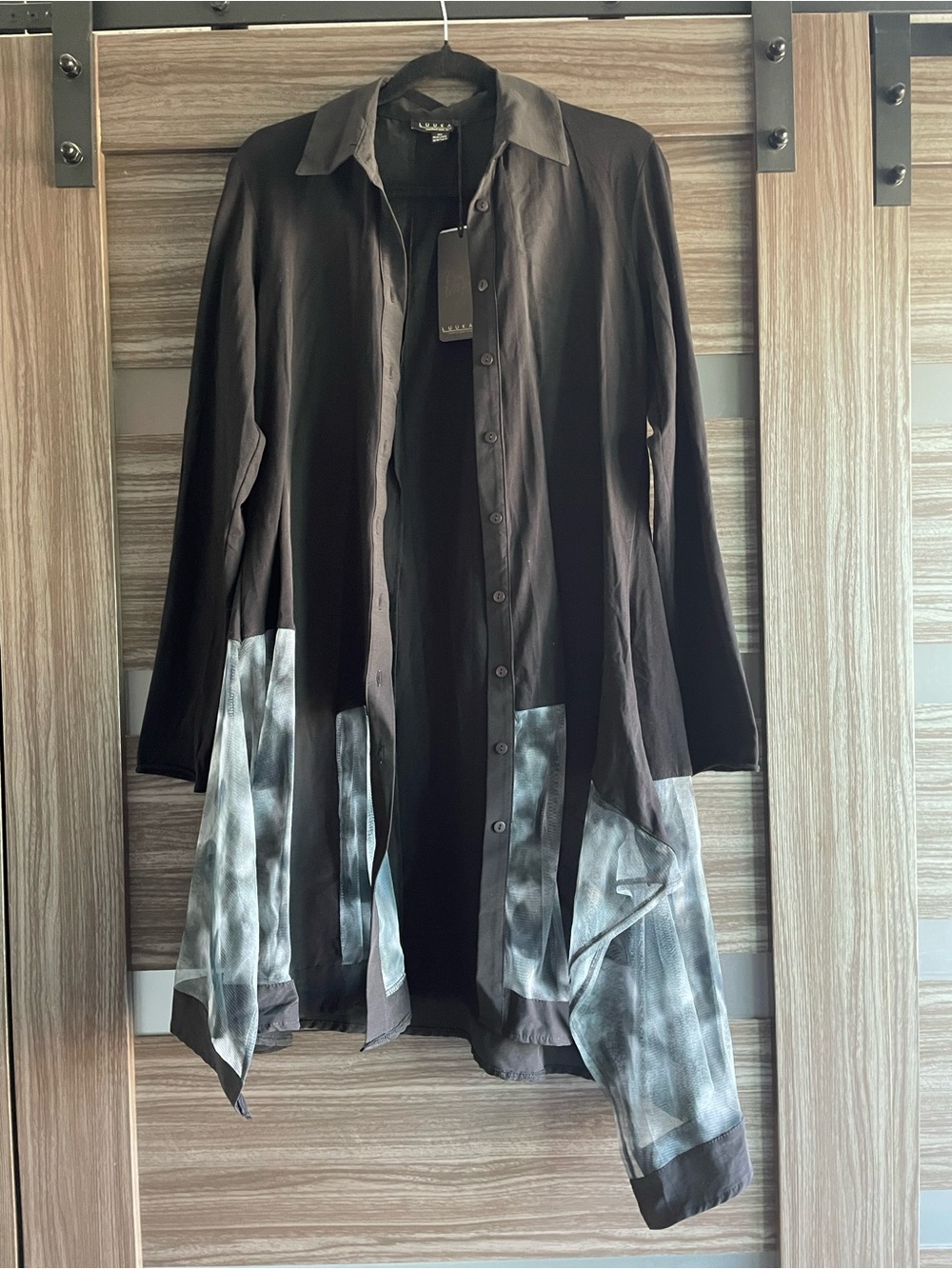 LUUKAA Black Mixed Media Boho Asymmetrical Button Front Tunic Jacket Dress - Picture 2 of 9